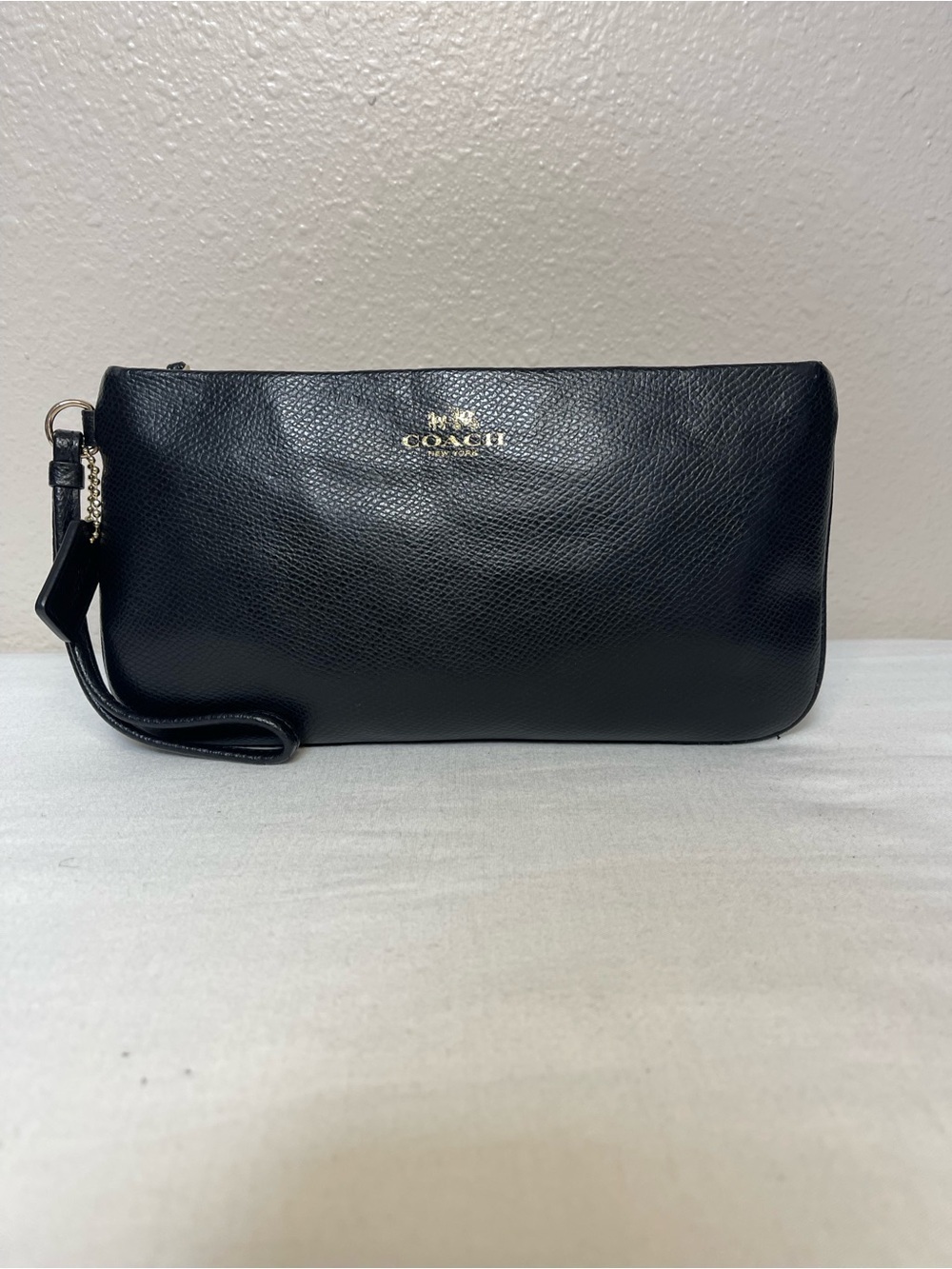 Coach Black Pebbled Leather Wristlet Wallet Clutch with Gold Logo